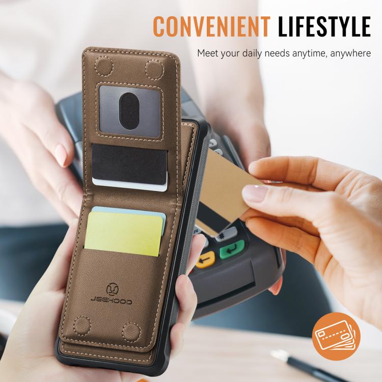 For iPhone 14 Plus JEEHOOD J06 British Style RFID MagSafe Card Bag PU Phone Case(Brown)
