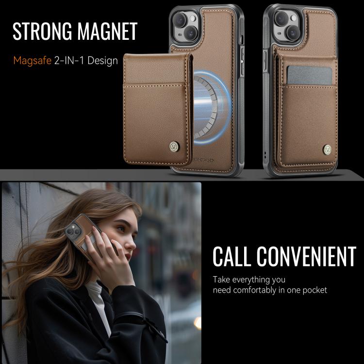 For iPhone 14 Plus JEEHOOD J06 British Style RFID MagSafe Card Bag PU Phone Case(Brown)