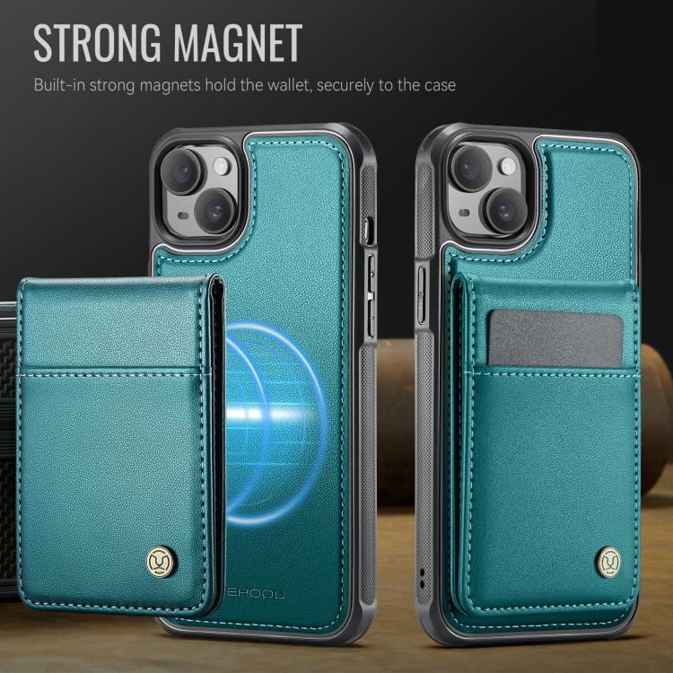 For iPhone 14 Plus JEEHOOD J06 British Style RFID MagSafe Card Bag PU Phone Case(Green)
