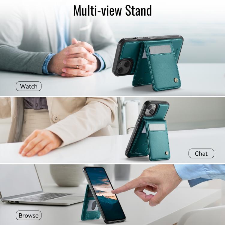 For iPhone 14 Plus JEEHOOD J06 British Style RFID MagSafe Card Bag PU Phone Case(Green)