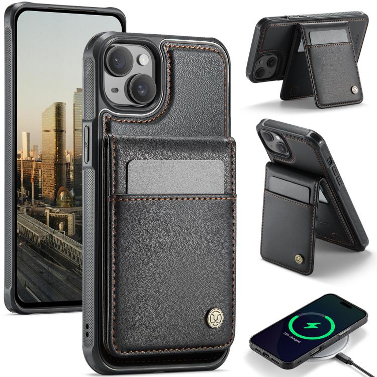 For iPhone 14 Plus JEEHOOD J06 British Style RFID MagSafe Card Bag PU Phone Case(Black)