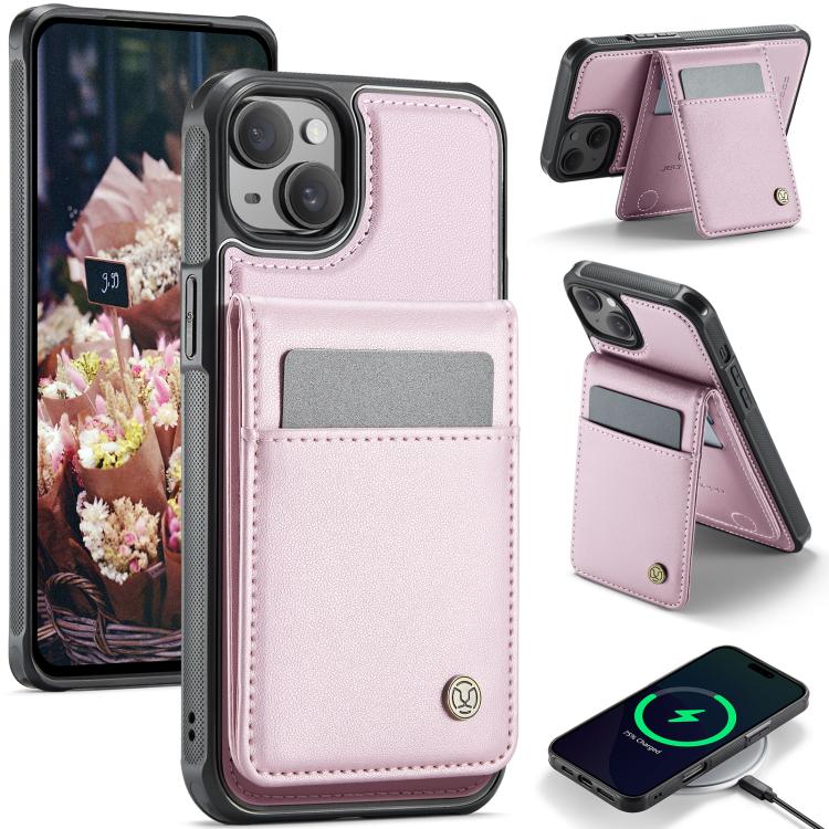 For iPhone 14 Plus JEEHOOD J06 British Style RFID MagSafe Card Bag PU Phone Case(Pink)