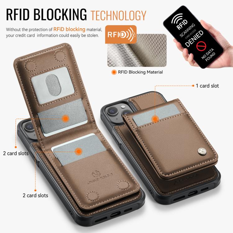 For iPhone 14 JEEHOOD J06 British Style RFID MagSafe Card Bag PU Phone Case(Brown)