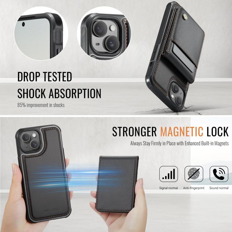 For iPhone 14 JEEHOOD J06 British Style RFID MagSafe Card Bag PU Phone Case(Black)