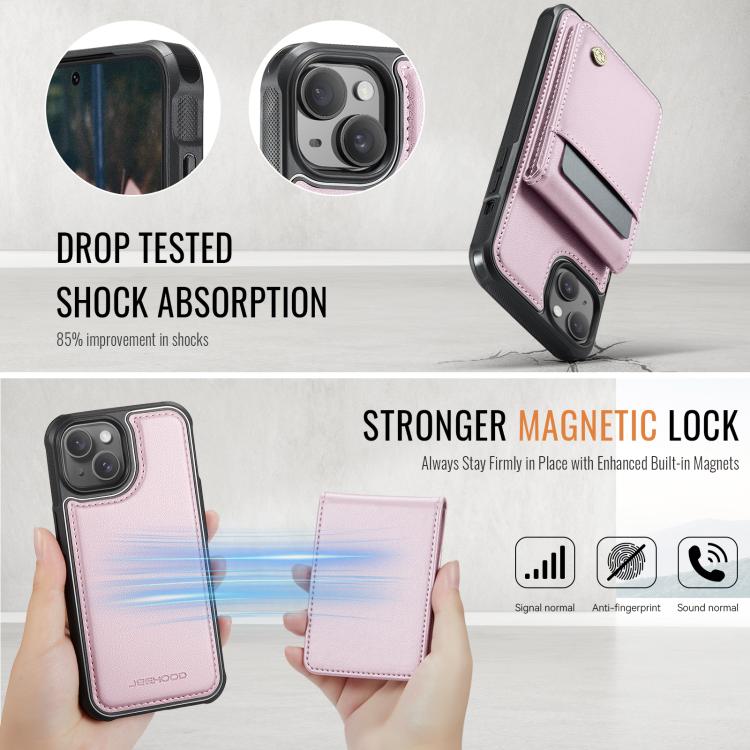 For iPhone 14 JEEHOOD J06 British Style RFID MagSafe Card Bag PU Phone Case(Pink)