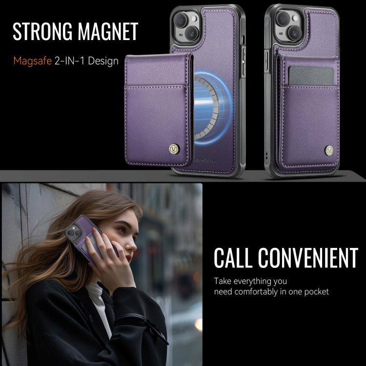 For iPhone 13 JEEHOOD J06 British Style RFID MagSafe Card Bag PU Phone Case(Purple)