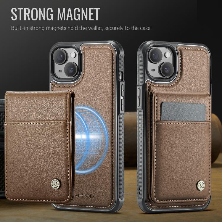 For iPhone 13 JEEHOOD J06 British Style RFID MagSafe Card Bag PU Phone Case(Brown)