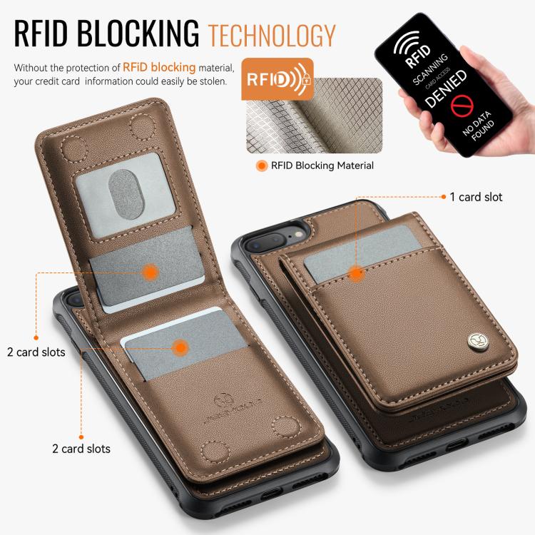 For iPhone 8 Plus / 7 Plus JEEHOOD J06 British Style RFID MagSafe Card Bag PU Phone Case(Brown)
