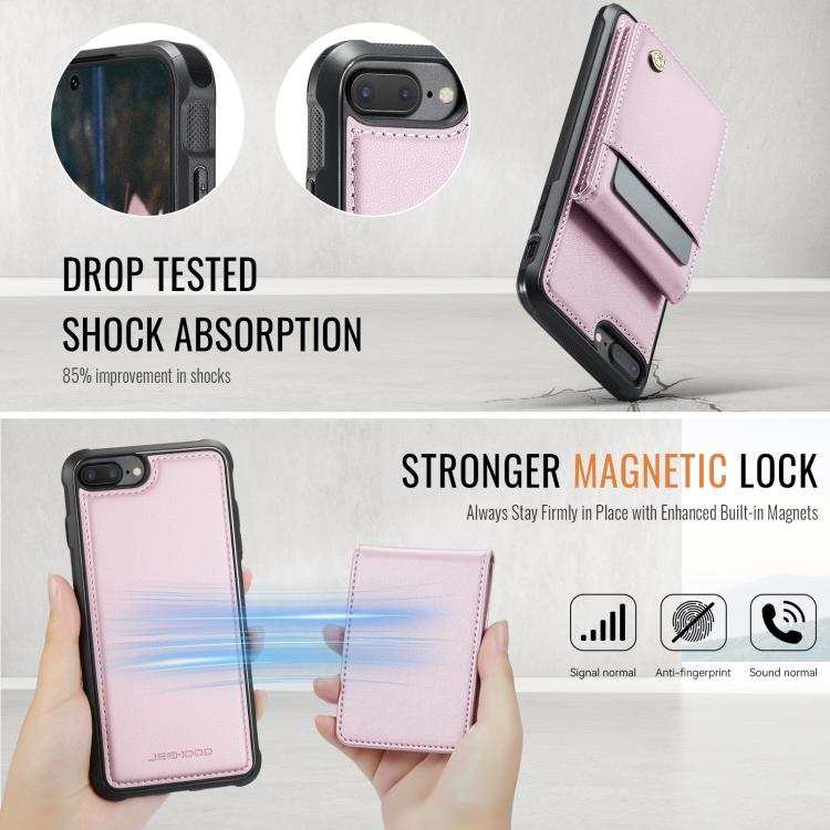 For iPhone 8 Plus / 7 Plus JEEHOOD J06 British Style RFID MagSafe Card Bag PU Phone Case(Pink)