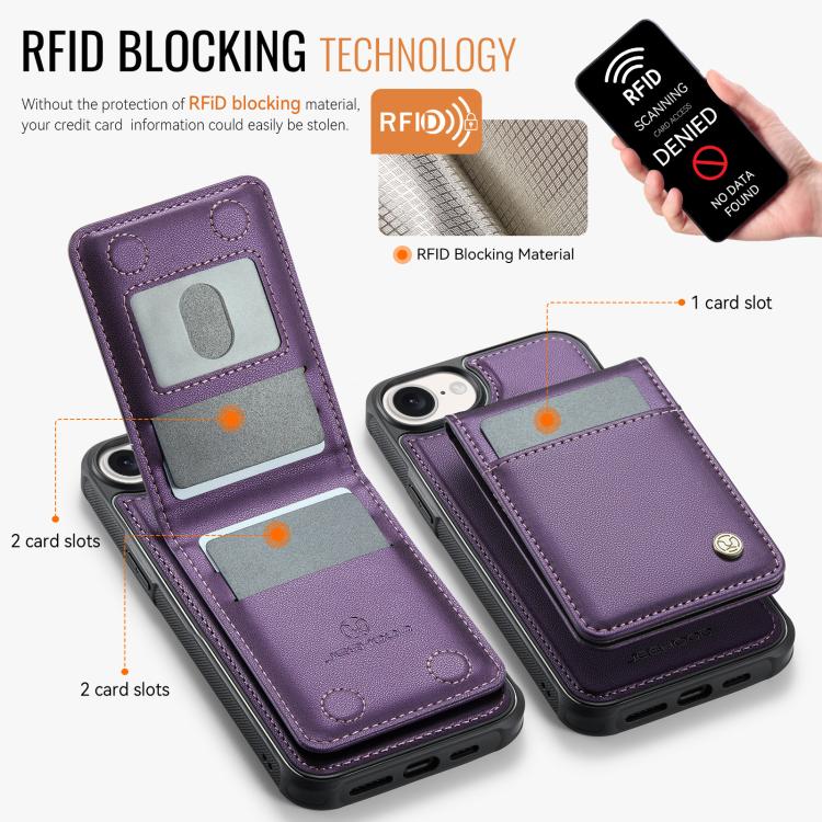 For iPhone 17e / 16e JEEHOOD J06 British Style RFID MagSafe Card Bag PU Phone Case(Purple)