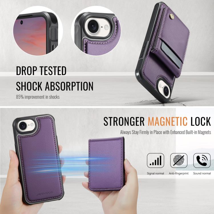 For iPhone 17e / 16e JEEHOOD J06 British Style RFID MagSafe Card Bag PU Phone Case(Purple)