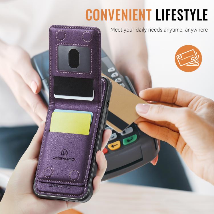 For iPhone 17e / 16e JEEHOOD J06 British Style RFID MagSafe Card Bag PU Phone Case(Purple)