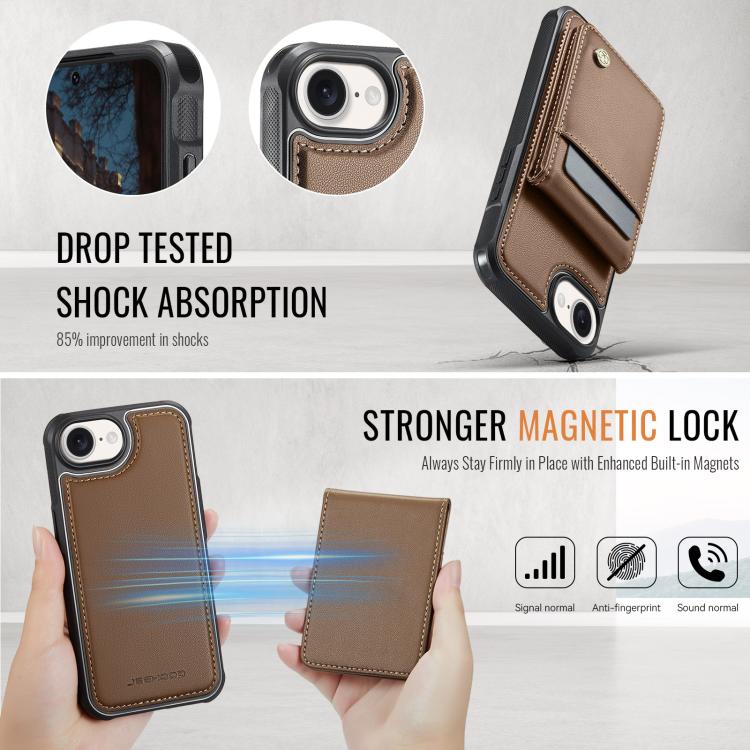 For iPhone 17e / 16e JEEHOOD J06 British Style RFID MagSafe Card Bag PU Phone Case(Brown)