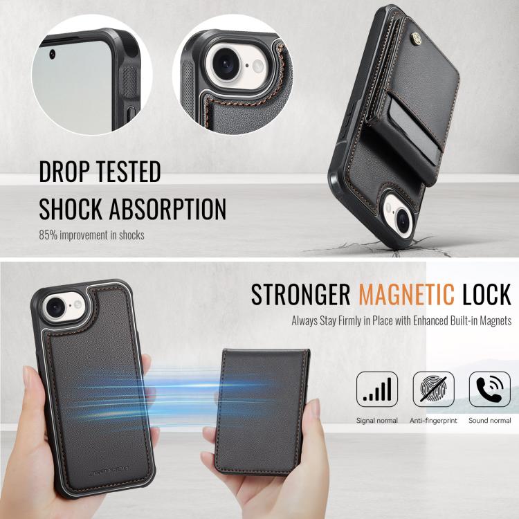 For iPhone 17e / 16e JEEHOOD J06 British Style RFID MagSafe Card Bag PU Phone Case(Black)
