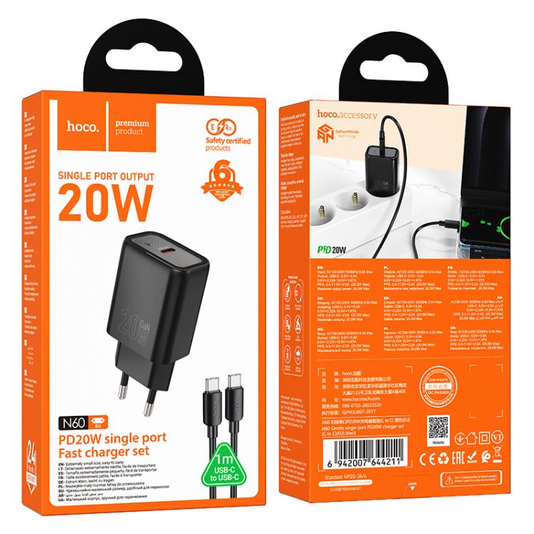 hoco N60 PD20W Type-C Charger Set with 1m Type-C to Type-C Cable, Specification:EU Plug(Black)