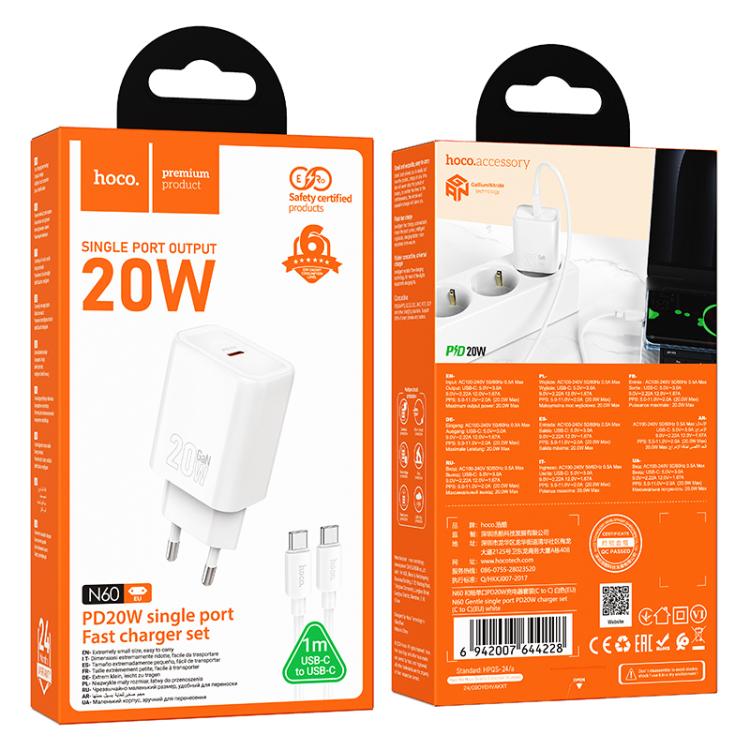 hoco N60 PD20W Type-C Charger Set with 1m Type-C to Type-C Cable, Specification:EU Plug(White)