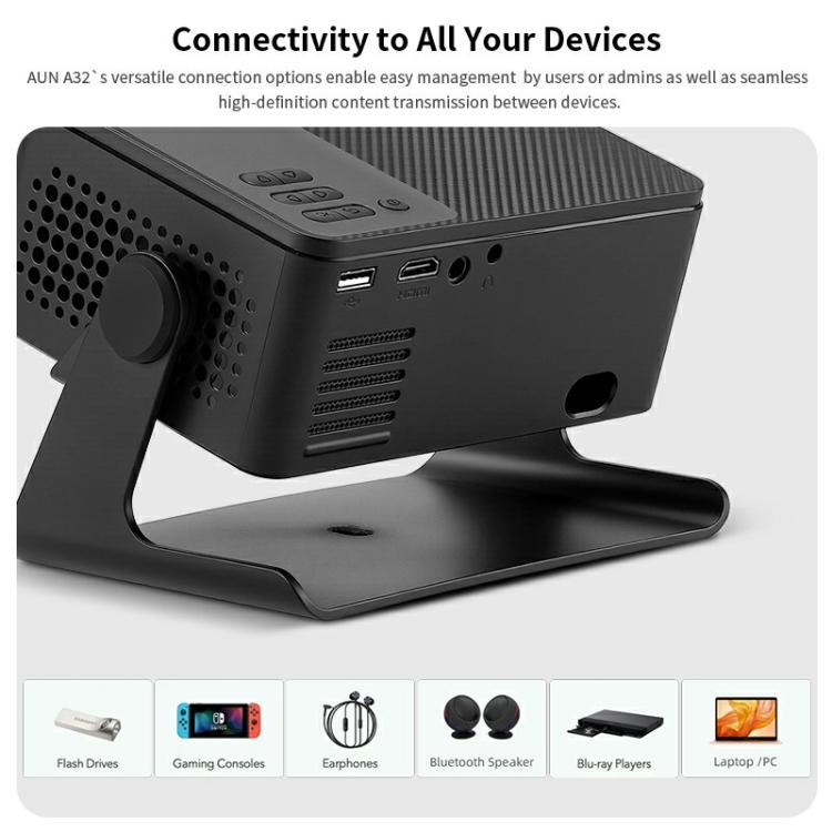 AUN A32 1280x720P 200ANSI D3100 CPU WIFI Display Smart Projector, EU Plug(Black)