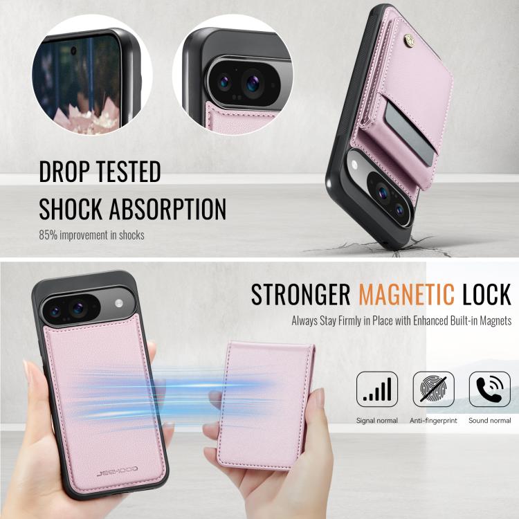 For Google Pixel 9 / 9 Pro JEEHOOD J06 British Style RFID MagSafe Card Bag PU Phone Case(Pink)