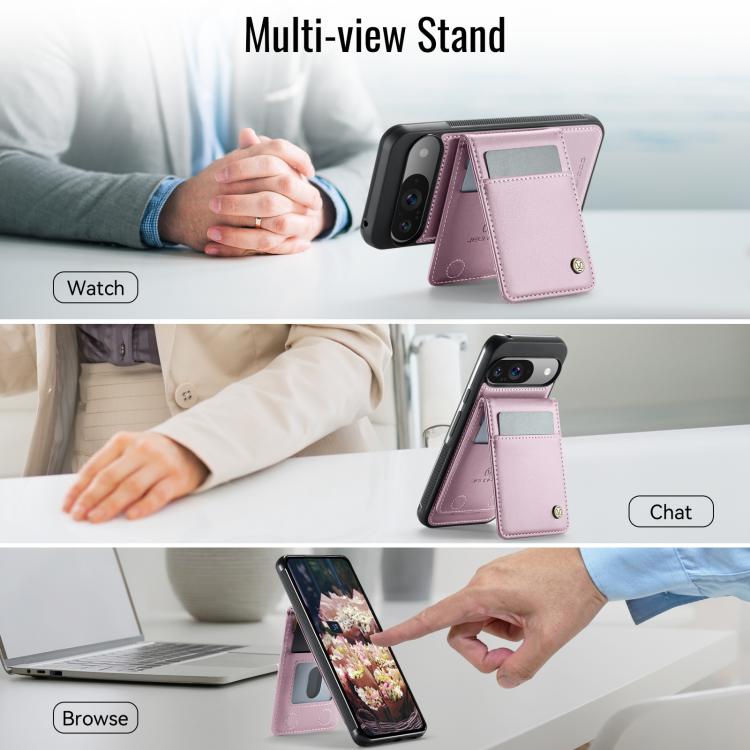For Google Pixel 9 / 9 Pro JEEHOOD J06 British Style RFID MagSafe Card Bag PU Phone Case(Pink)