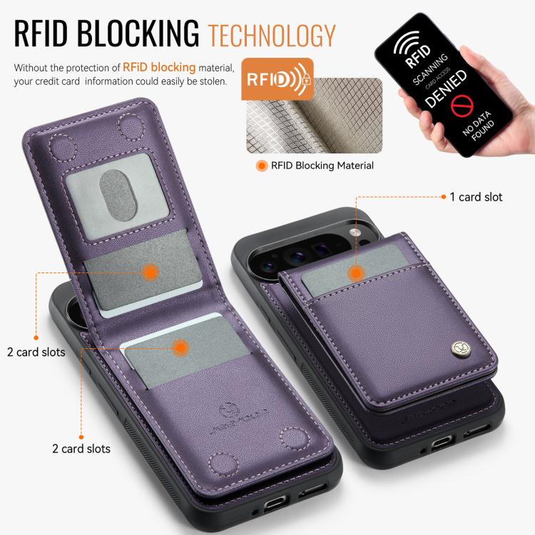 For Google Pixel 9 Pro XL JEEHOOD J06 British Style RFID MagSafe Card Bag PU Phone Case(Purple)