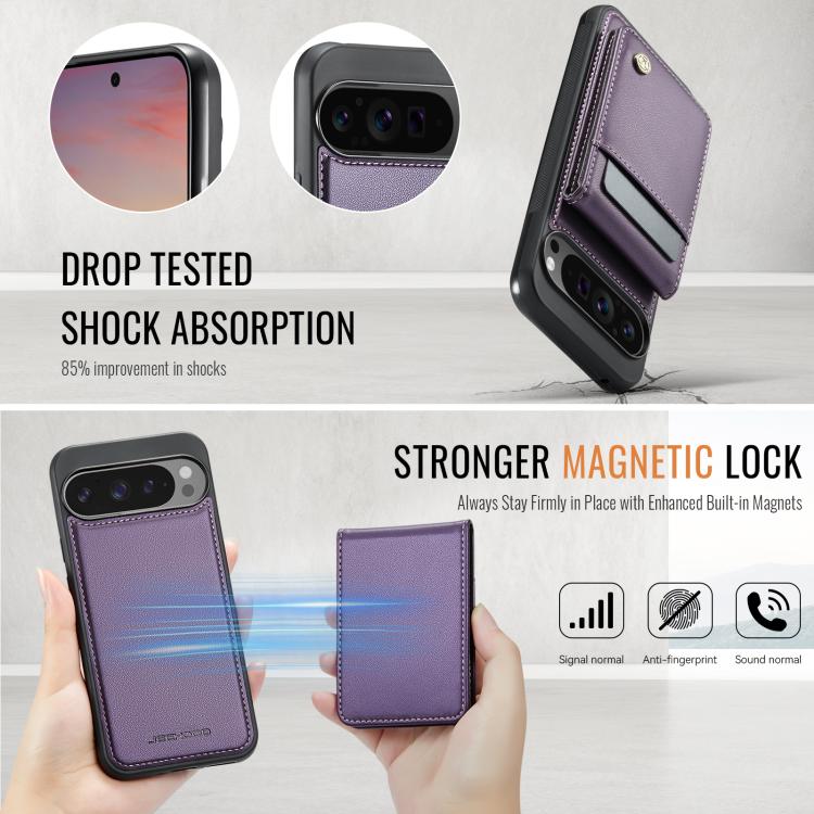 For Google Pixel 9 Pro XL JEEHOOD J06 British Style RFID MagSafe Card Bag PU Phone Case(Purple)