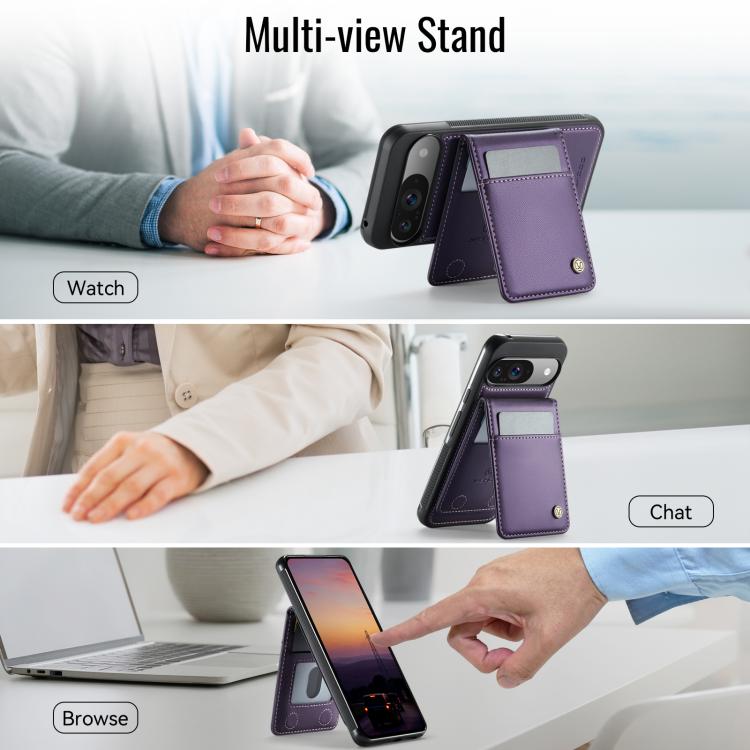 For Google Pixel 9 Pro XL JEEHOOD J06 British Style RFID MagSafe Card Bag PU Phone Case(Purple)