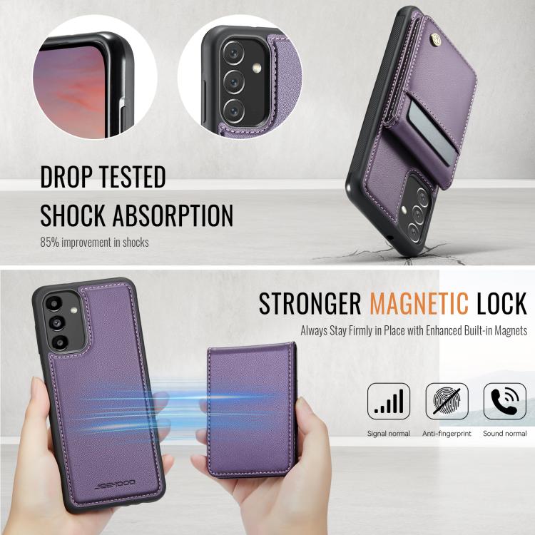 For Samsung Galaxy A13 4G JEEHOOD J06 British Style RFID MagSafe Card Bag PU Phone Case(Purple)