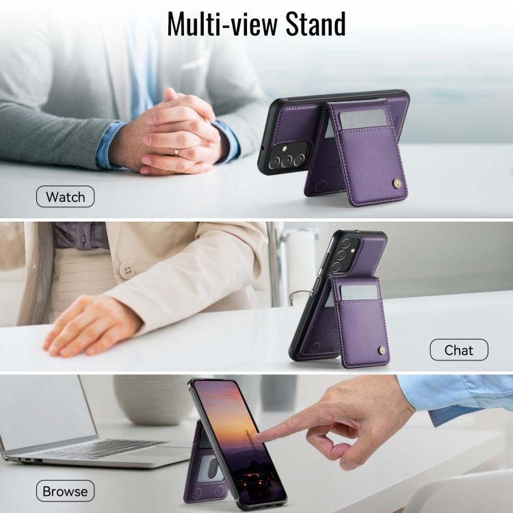 For Samsung Galaxy A13 4G JEEHOOD J06 British Style RFID MagSafe Card Bag PU Phone Case(Purple)