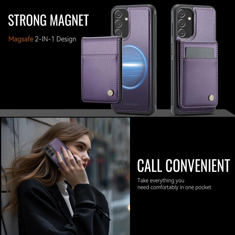 For Samsung Galaxy A13 4G JEEHOOD J06 British Style RFID MagSafe Card Bag PU Phone Case(Purple)