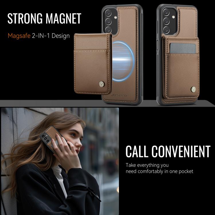 For Samsung Galaxy A13 4G JEEHOOD J06 British Style RFID MagSafe Card Bag PU Phone Case(Brown)