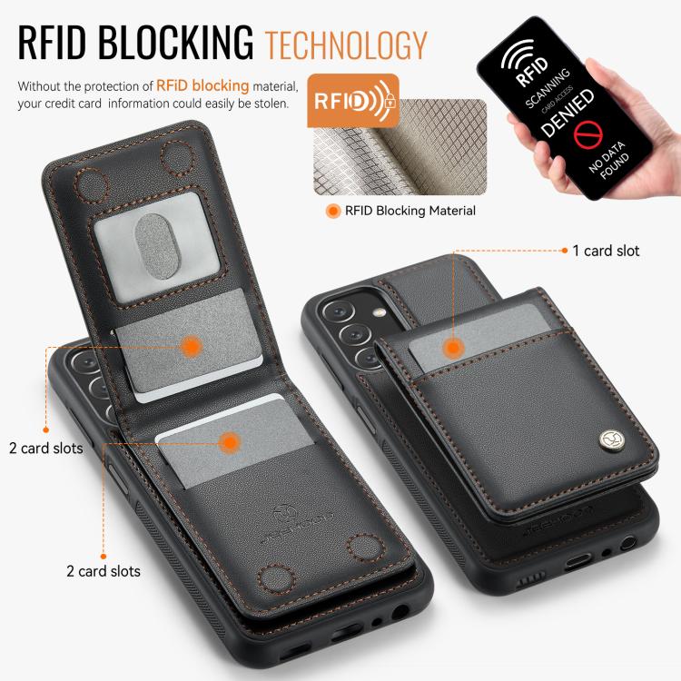 For Samsung Galaxy A13 4G JEEHOOD J06 British Style RFID MagSafe Card Bag PU Phone Case(Black)