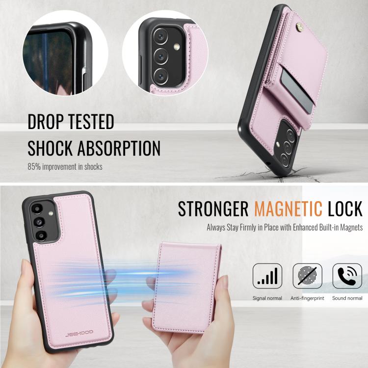 For Samsung Galaxy A13 4G JEEHOOD J06 British Style RFID MagSafe Card Bag PU Phone Case(Pink)