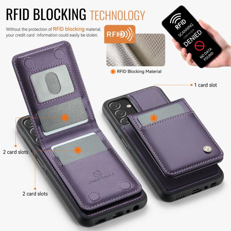For Samsung Galaxy A13 5G JEEHOOD J06 British Style RFID MagSafe Card Bag PU Phone Case(Purple)