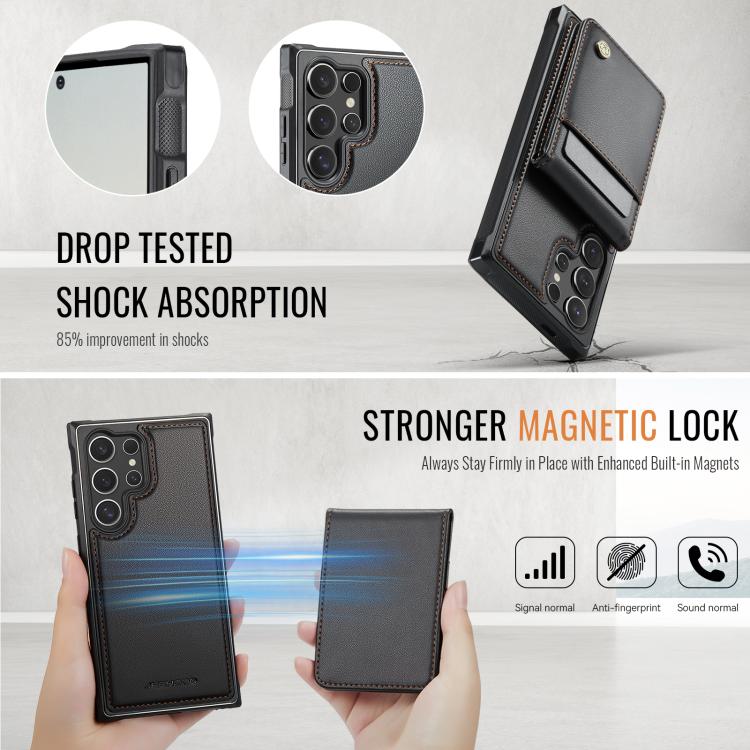 For Samsung Galaxy S25 Ultra 5G JEEHOOD J06 British Style RFID MagSafe Card Bag PU Phone Case(Black)