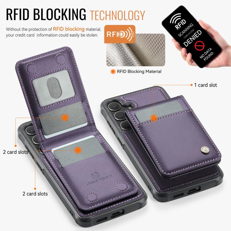 For Samsung Galaxy S25 5G JEEHOOD J06 British Style RFID MagSafe Card Bag PU Phone Case(Purple)