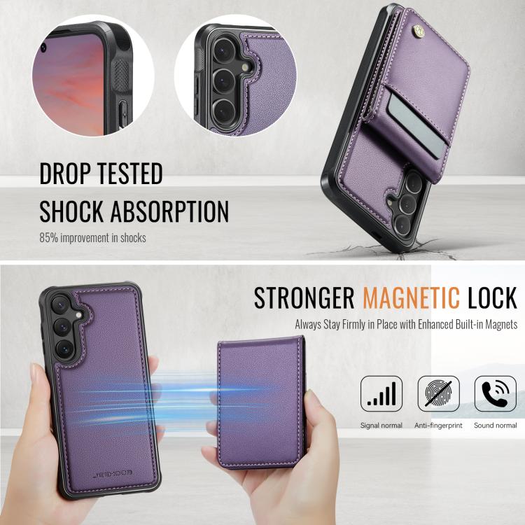 For Samsung Galaxy S25 5G JEEHOOD J06 British Style RFID MagSafe Card Bag PU Phone Case(Purple)