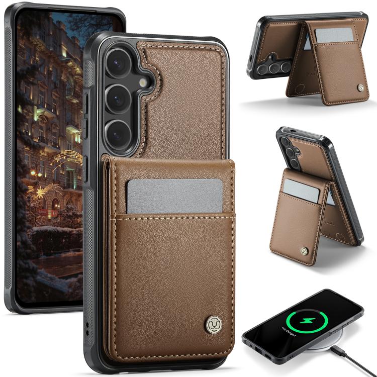 For Samsung Galaxy S25+ 5G JEEHOOD J06 British Style RFID MagSafe Card Bag PU Phone Case(Brown)