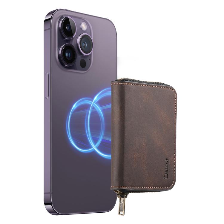 Denior V17 Skin Feel MagSafe RFID Zipper Wallet Card Bag Case(Brown)