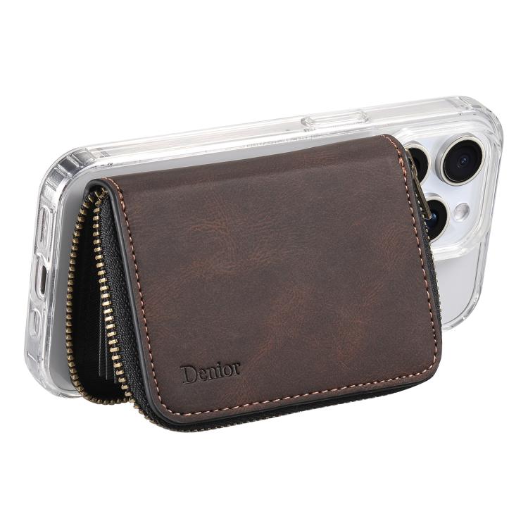 Denior V17 Skin Feel MagSafe RFID Zipper Wallet Card Bag Case(Brown)