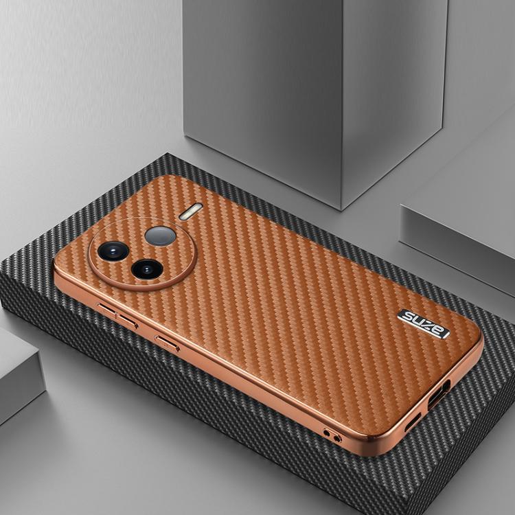 For Redmi K80 AZNS Electroplated Edge Carbon Fiber Texture Phone Case(Brown)