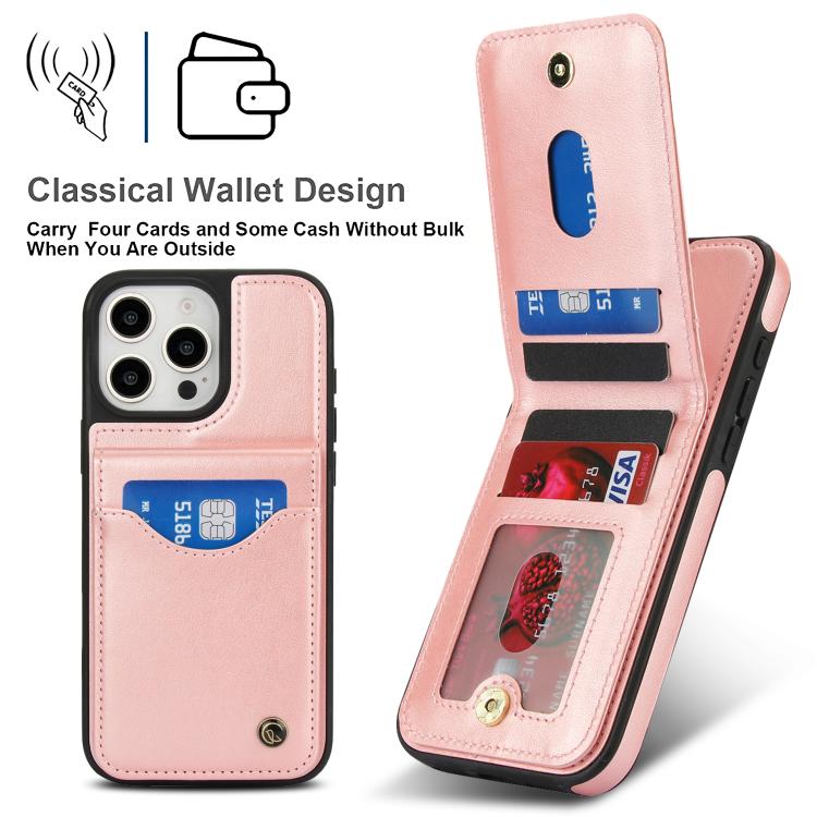 For iPhone 16 Pro AwQuer Vertical Flip Card Bag Holder Leather Phone Case(Rose Gold)