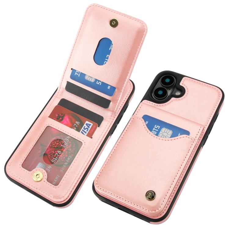 For iPhone 16 Plus AwQuer Vertical Flip Card Bag Holder Leather Phone Case(Rose Gold)