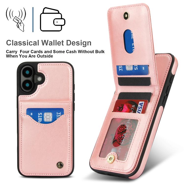For iPhone 16 Plus AwQuer Vertical Flip Card Bag Holder Leather Phone Case(Rose Gold)