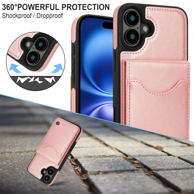 For iPhone 16 AwQuer Vertical Flip Card Bag Holder Leather Phone Case(Rose Gold)