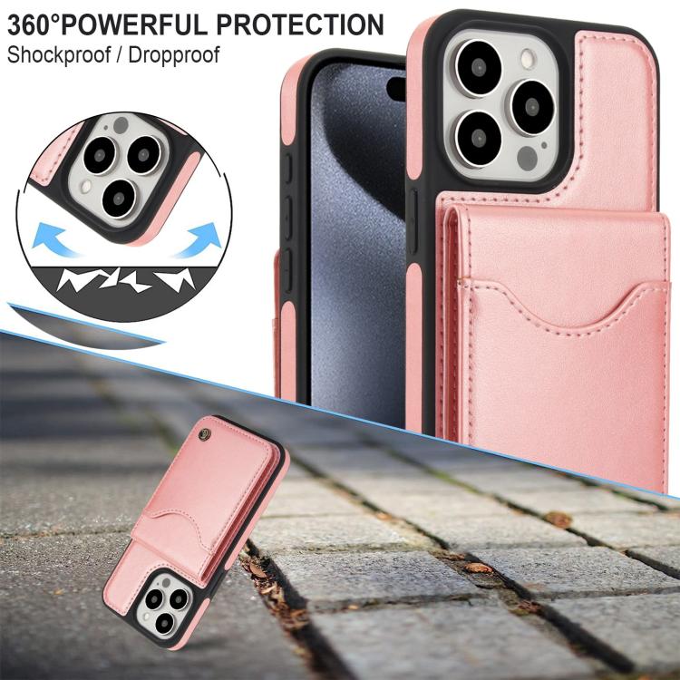 For iPhone 15 Pro AwQuer Vertical Flip Card Bag Holder Leather Phone Case(Rose Gold)