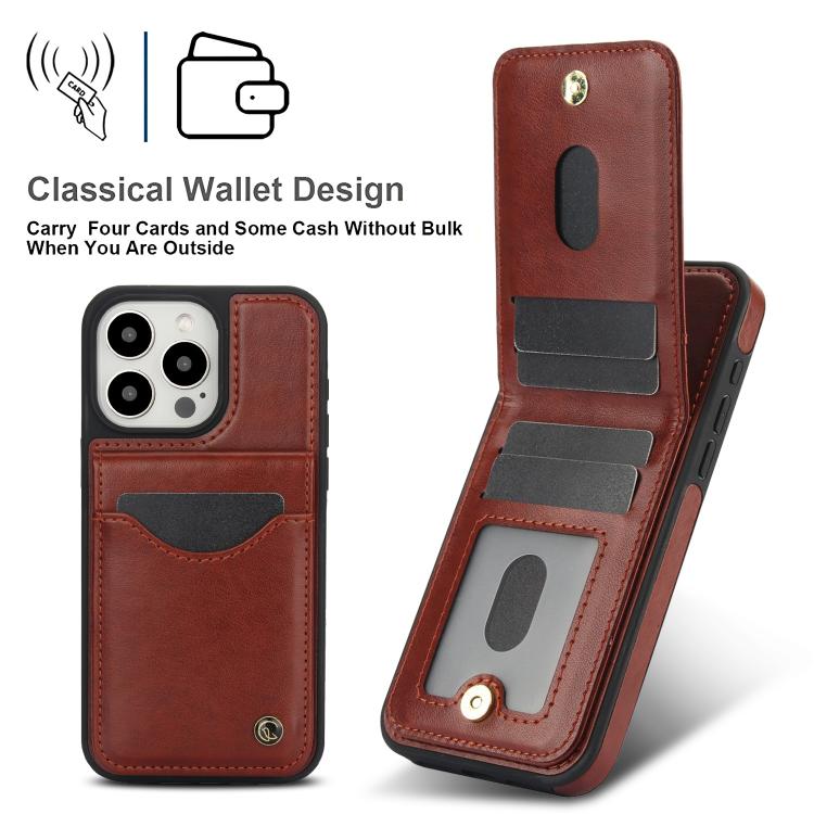For iPhone 15 Pro AwQuer Vertical Flip Card Bag Holder Leather Phone Case(Brown)