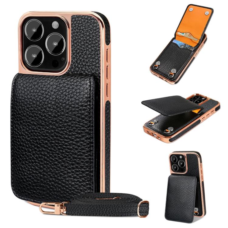 For iPhone 15 Pro VIETAO Litchi Texture Wallet PU Phone Case with Lanyard(Black)
