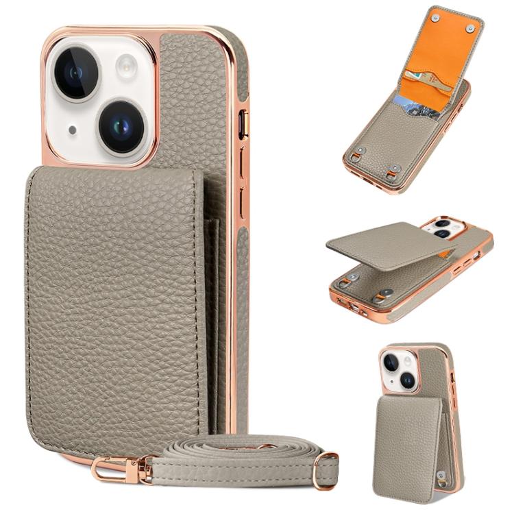 For iPhone 14 Plus VIETAO Litchi Texture Wallet PU Phone Case with Lanyard(Grey)