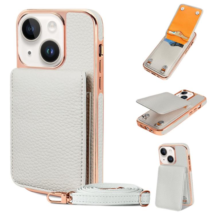 For iPhone 15 VIETAO Litchi Texture Wallet PU Phone Case with Lanyard(White)