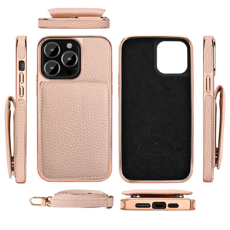 For iPhone 16 Pro VIETAO Litchi Texture Wallet PU Phone Case with Lanyard(Pink)